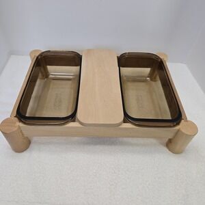Vintage Party Server 2 By Corning 2 PYREX Amber Loaf Pans Wood Trivet Cradle